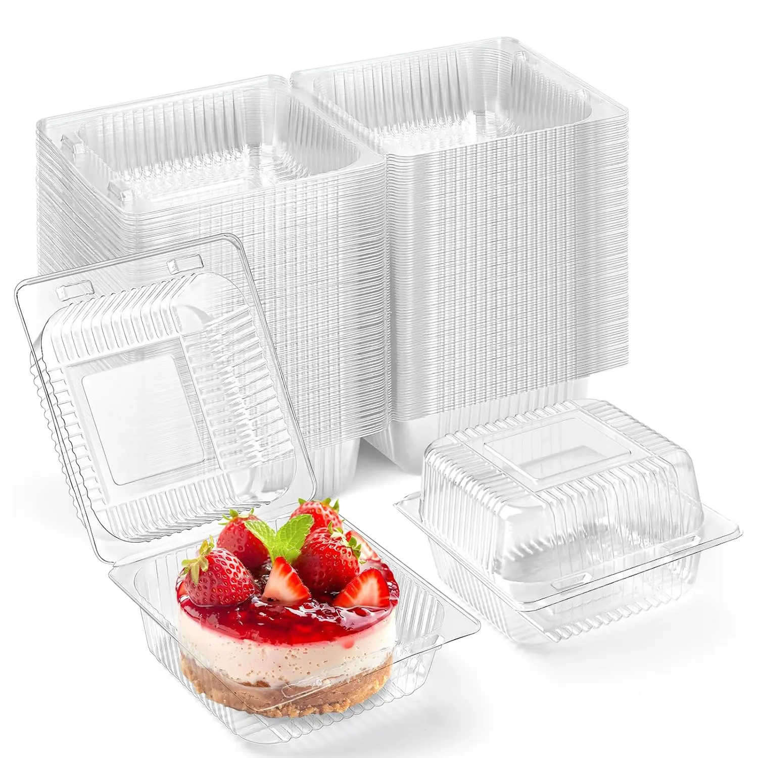 100 Pack Extra Heavy Duty Clear Slice Cake Carriers, Disposable Square Slice Cake Containers with Lids, Plastic Food Storage Containers, Takeout Containers with Lids, To Go Boxes for Hamburger, Cake, Dessert, Salad, Sandwich, Bakery Packaging Supplies