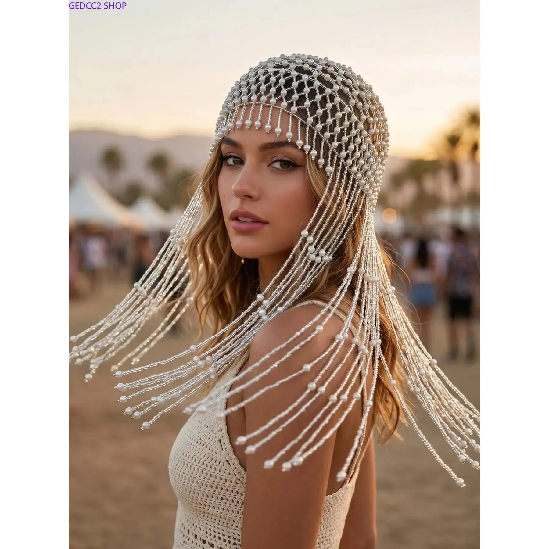 Women's Bridal Costume Headpiece, Elegant Juliet Cap with Faux Pearls & Long Fringe, Festival Party Hair Accessory, Bridal Hair Accessories, Festival Wear, Hair Net