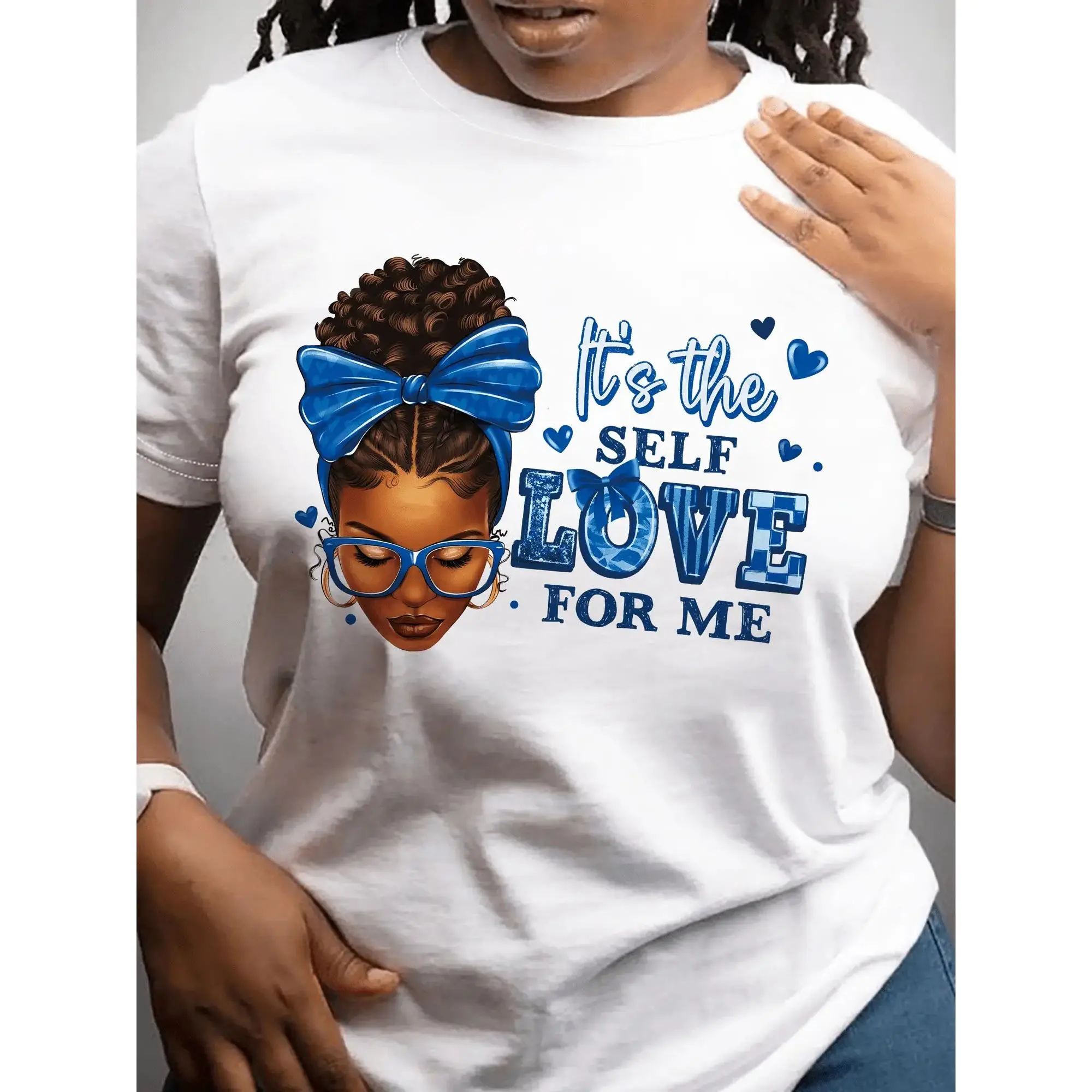 Chic Women's Casual Short Sleeve T shirt Featuring Motivational Quotes and Portrait Print Versatile All Season Top in White with Blue Lettering