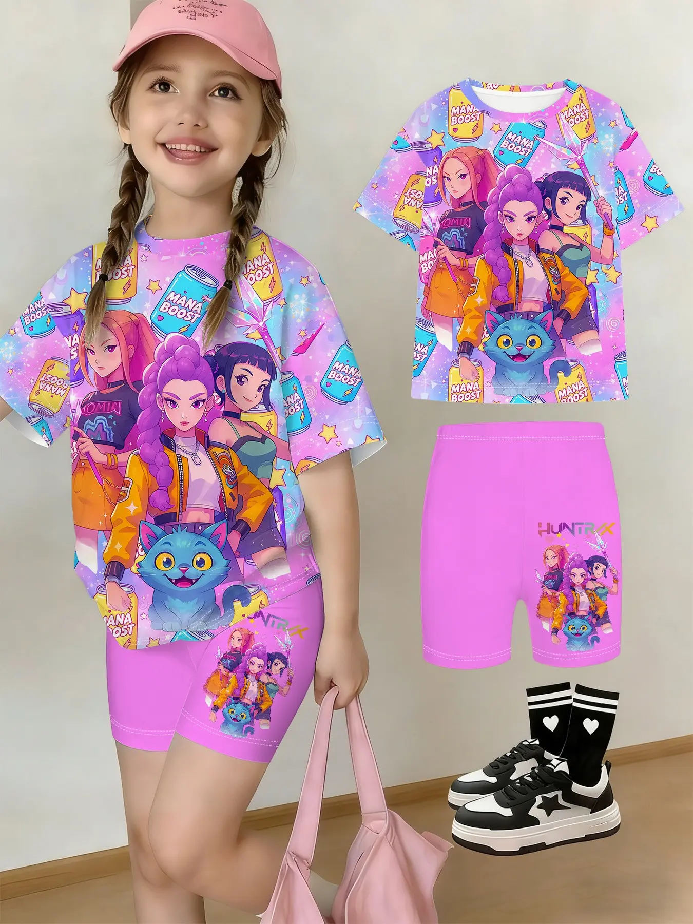 Girls' Summer T-Shirt Shorts Set, Gradient Starry Sky Cartoon Print, Casual Streetwear, Perfect Gift for Kids, Outdoor Wear