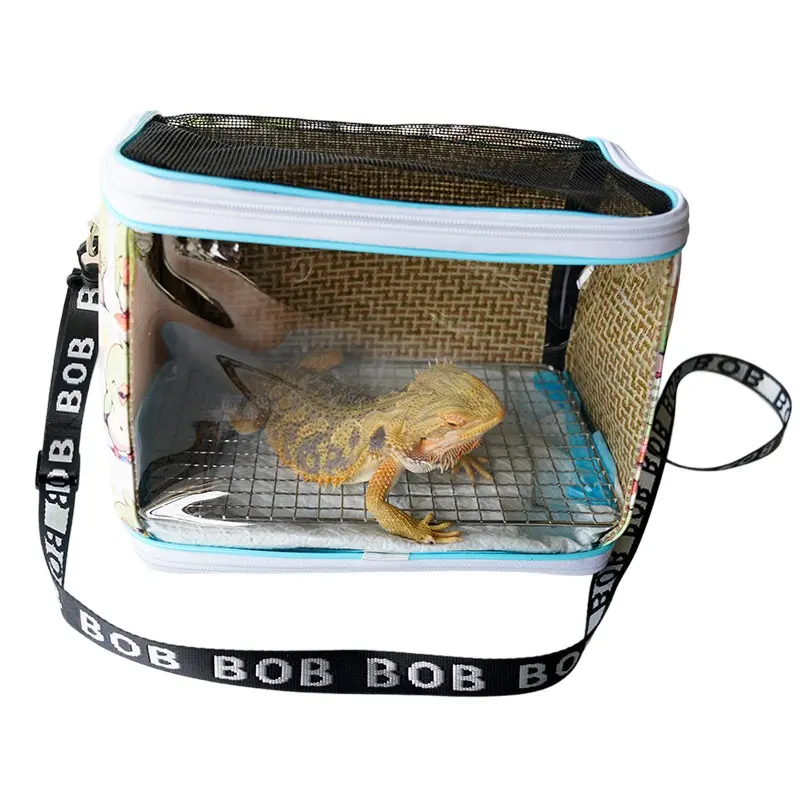 Reptile Mesh Travel Carrier Bag - Portable Rectangular Pet Transport Box with Ventilated Design, Secure Lock, Carry Handle, Built-in Toy Landscape, Prevents Escape, Reduces Stress & Anxiety for Amphibians, Small Animals (Camping, Vet Visits)