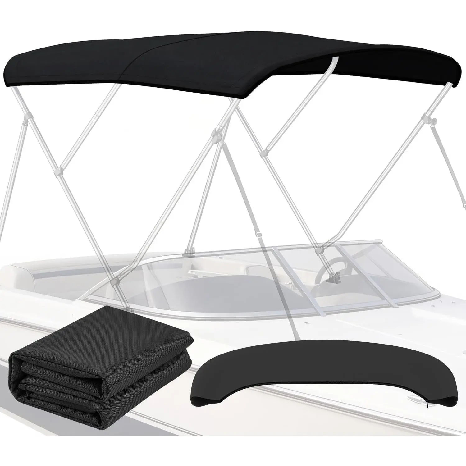 3 Bow Bimini Top Replacement Cover - 900D Polyester Canvas without Frame, Waterproof & UV-Proof Sun Shade Boat Canopy with Storage Boot for Jon Boats, Pontoon Boats (Black, 6'L x 46-67"W x 72"H)