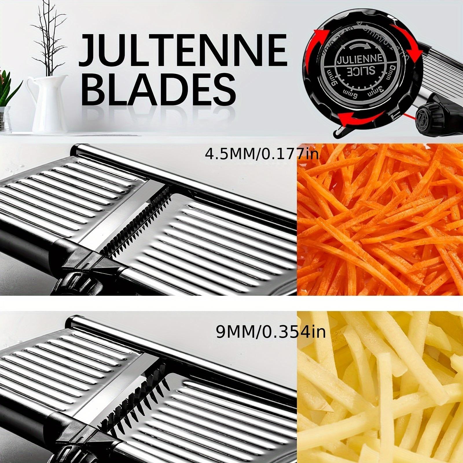 A Stainless Steel Vegetable And French Fry Slicer with Five Adjustable Blade Sizes, a Professional Mandoline Slicer, And an Onion Grater for Kitchen Additions