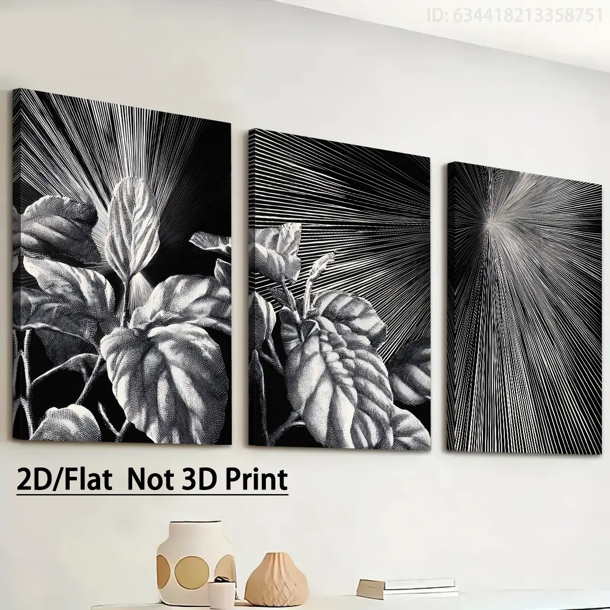 [2D Flat Print] Black and White Modern Fashion Plant Art, Halloween/Christmas, Framed Canvas Paintings and Posters, Ready to Hang, Home Decoration, Wall Art, Room Decoration, High-Definition Print, Holiday Gift, Living Room, Bedroom, Dining Room, Office D