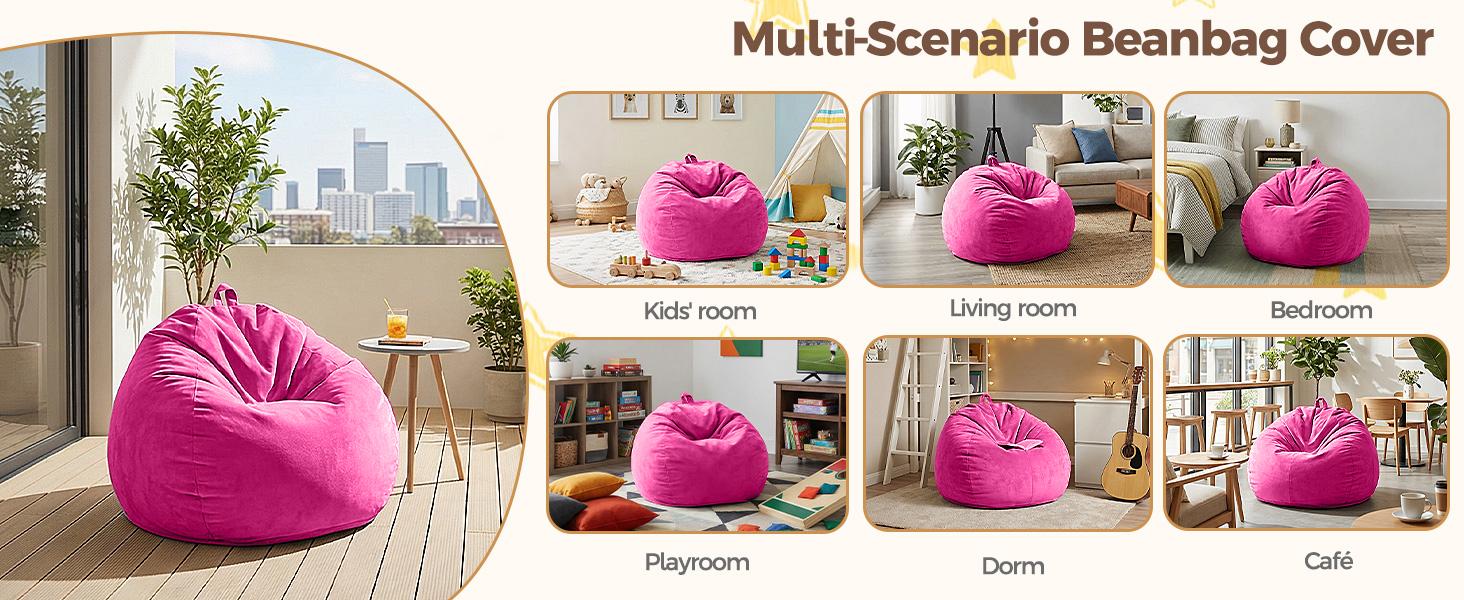 Stuffed Animal Storage Bean Bag Chair Cover – Soft Velvet Kids Beanbag with Handle, Machine Washable (No Filler). Hot Pink Organizer for Living Room, Bedroom & Dorm. Comfy & Functional.