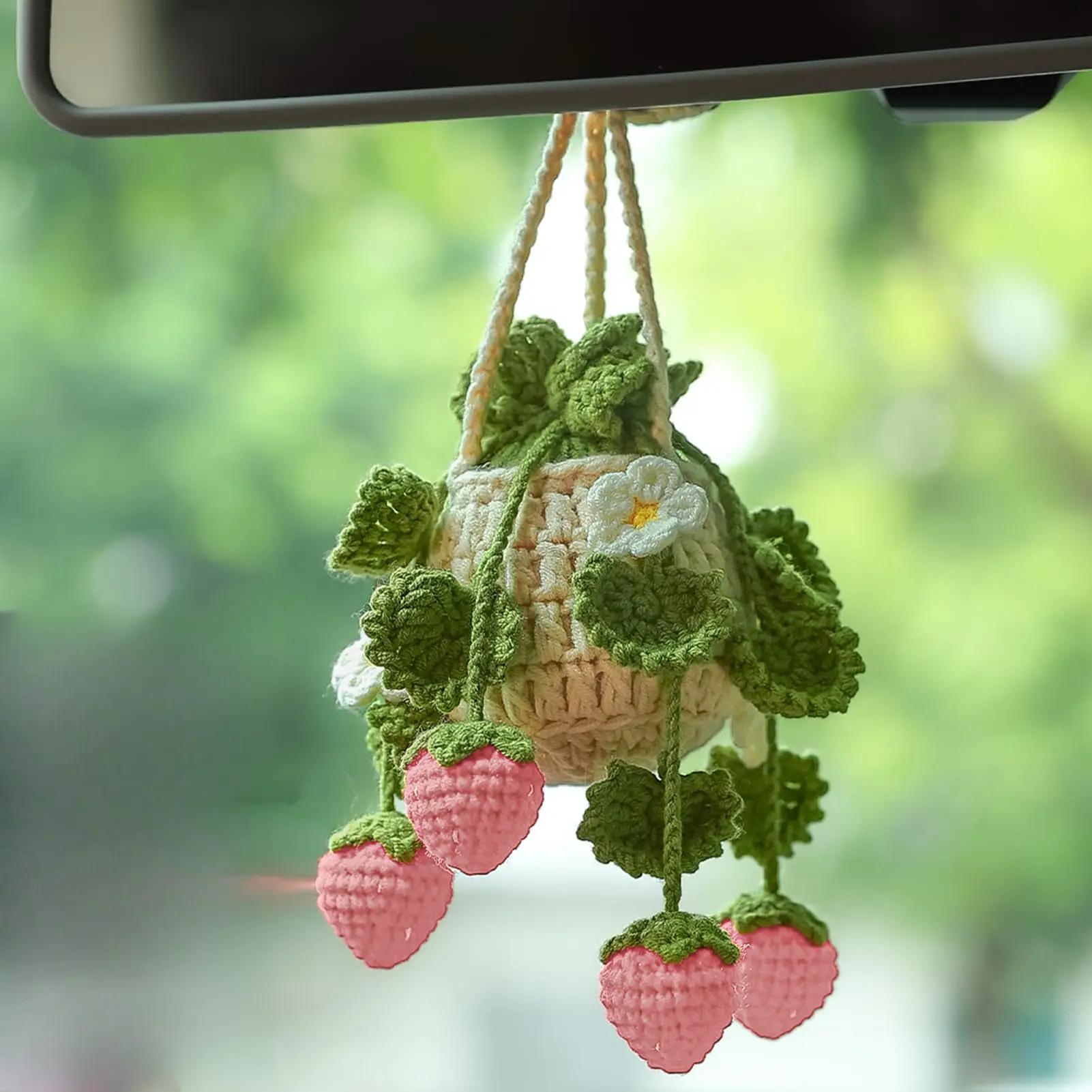 Cute Plant Crochet Rearview Mirror Accessories, Handmade Car Mirror Hanging Decorations, Women's Car Decoration Items