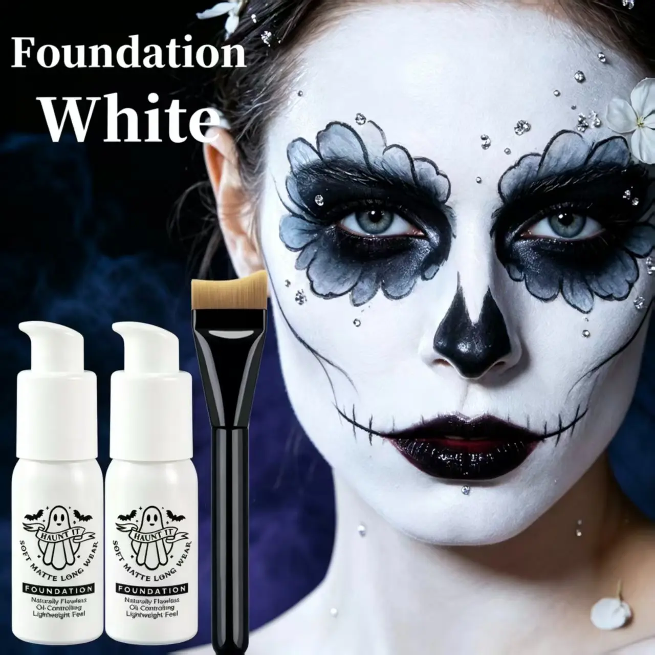Halloween Makeup Kit with Foundation Cream and Fish Tail Brush, Create Vampire Skeleton Ghost Queen Looks, Professional Stage Cosplay Party Makeup Supplies
