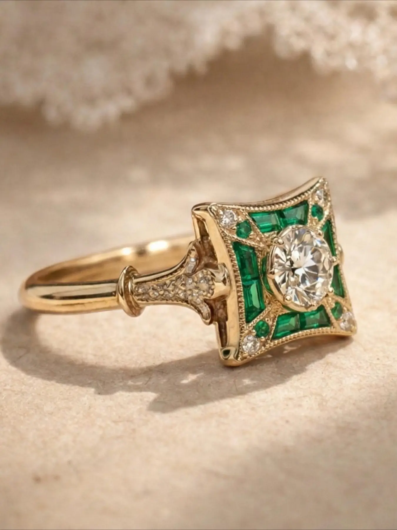 Vintage Luxurious Emerald Color Cubic Zirconia Square Golden Rings for Women Wedding Engagement Jewelry, Mother's Day, Anniversary Gift, Unique Rings