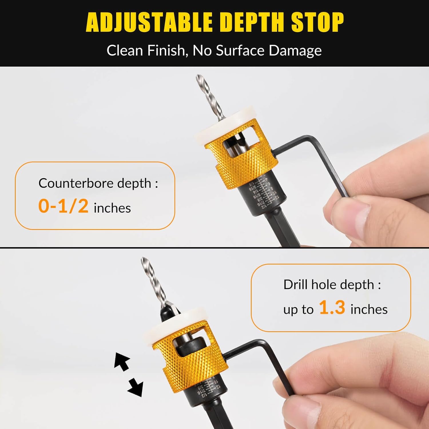 5 count Countersink Drill Bit Set, Low Friction Depth Stop, 1/8 9/64" 5/32" Drill + 3/8" 82? Counter-Bore, 11/64" 3/16" Drill + 1/2" 82? Counter-Bore, 1/4" Hex Shank, for Woodworking, with Storage Box