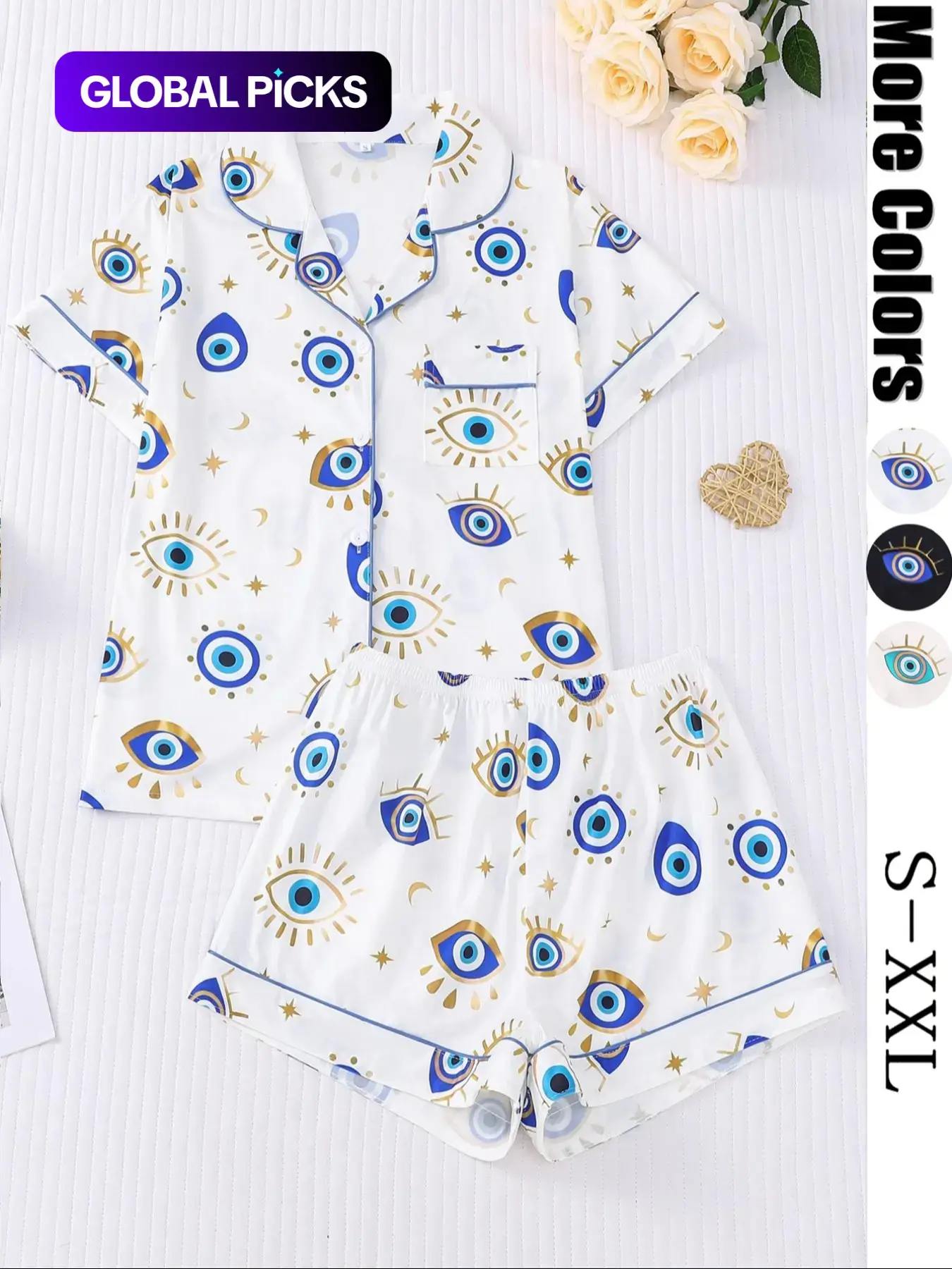 Women's All Over Cartoon Eye Print Short Sleeve Two-Piece Set, Comfy Button-Front Chest Pocket Lapel Neck Top & Elastic Waist Shorts PJ Set, Ladies Sleepwear for All Seasons, Casual Pajamas, Loungewear, Loungewear Shorts Sets