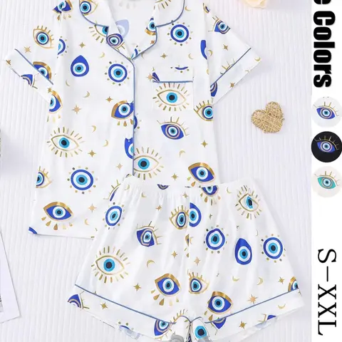 Women's All Over Cartoon Eye Print Short Sleeve Two-Piece Set, Comfy Button-Front Chest Pocket Lapel Neck Top & Elastic Waist Shorts PJ Set, Ladies Sleepwear for All Seasons, Casual Pajamas, Loungewear, Printed Sleepwear Set #GLOBAL PICKS