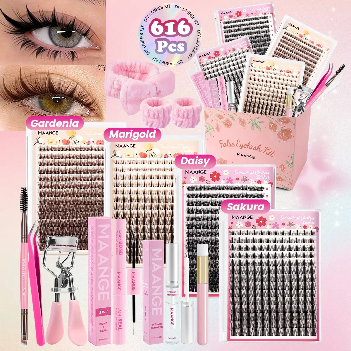 MAANGE 616 Pcs DIY Cluster Lash Extension Kit, 308 Pcs Black & 308 Pcs Brown Individual Lashes with Bond‑Seal, Remover, Tweezers, Lash Curler, Brushes and Bowknot Wrist Washbands for Home Lash Makeup Eyelash Cluster Kit