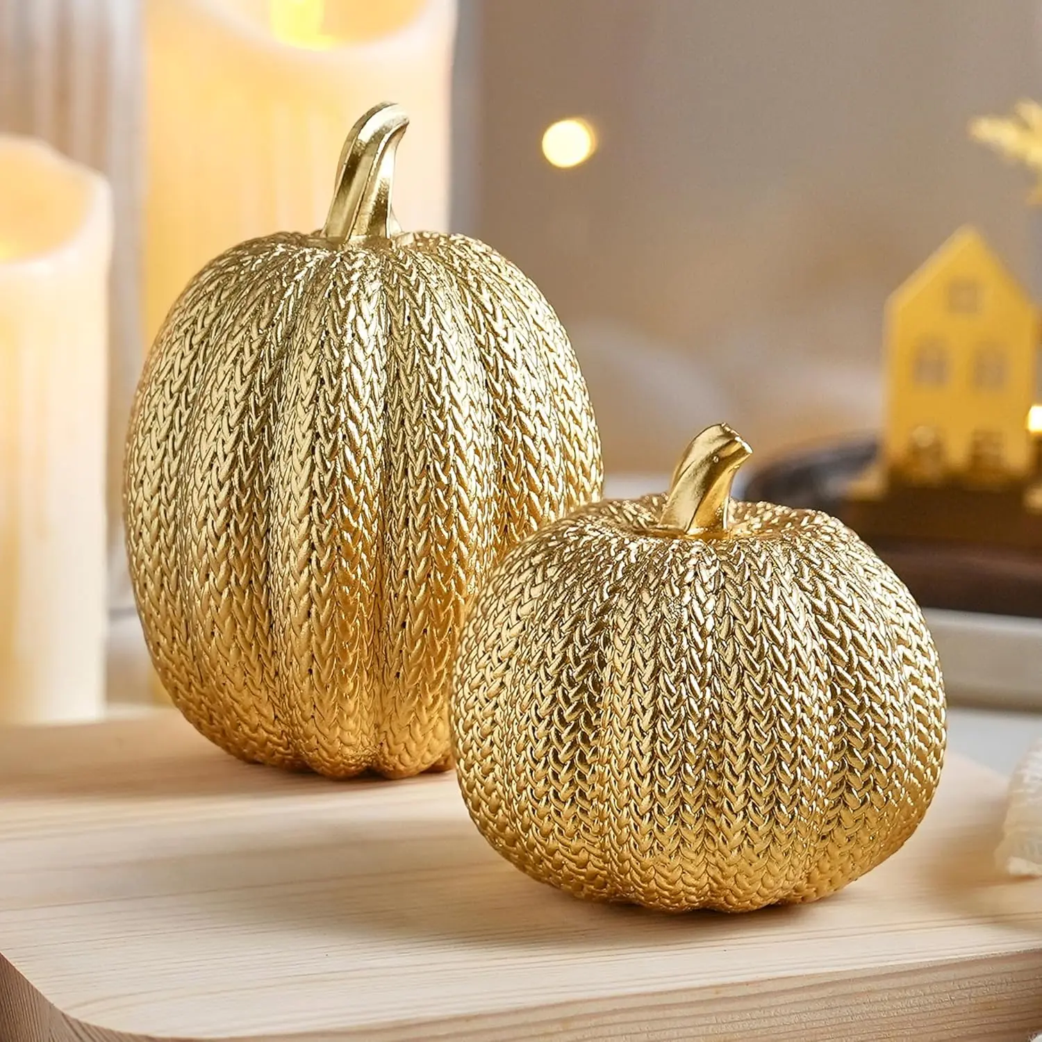 Pumpkin Fall Indoor Decor 2Pcs Gold Woven Effect Resin Pumpkins for Thanksgiving Table Centerpiece Fireplace Autumn Harvest Party Decorations