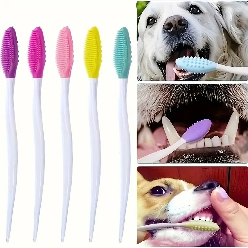 4-Pack Random Color Dog Toothbrush Set, 360° Cleaning Teeth and Tongue, Long Bent Handle, Silicone Bristles, Battery-Free, Suitable for Cats and Dogs, Puppy Toothbrush
