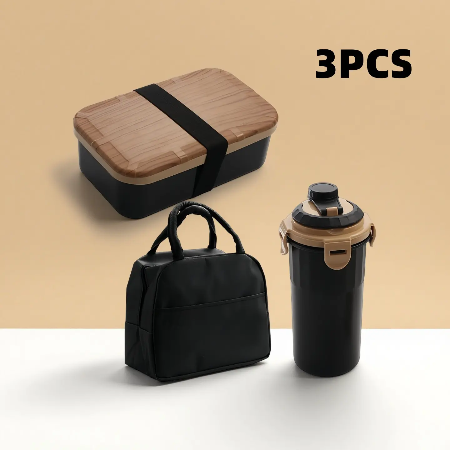 3 Piece Set Plastic Wood Grain Meal Prep Lunch Box Bento Boxes Bento Container, Water Cup, Insulated Bag, Microwave Safe, Portable, Ideal for Office, Students, Outdoor Picnic