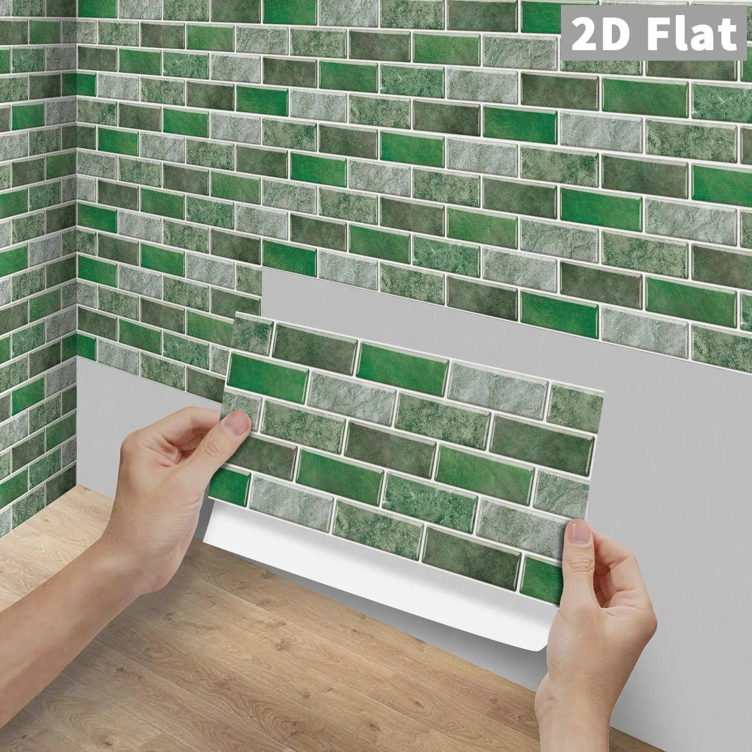 6/12/24/48PCS FG Mixed Dark & Light Green Marble Strip Mosaic Tile Stickers, PVC Crystal Film, Peel & Stick Waterproof Oilproof Decals for Kitchen Bathroom Floor Wood Home Decor