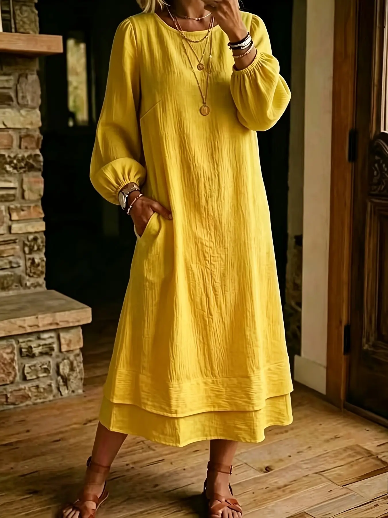 Women's Round Neck Lantern Sleeve Two-Layer Dress, Loose Straight Tube with Pockets, Multi-Color Casual Vacation Dress, Slimming Long Dress