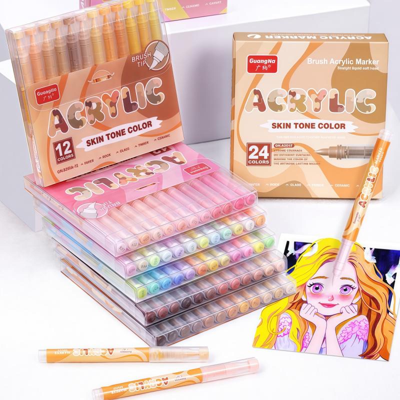 Skin Tone & Macaron Colors Acrylic Paint Markers, Brush Tip Set for Paper, Wood, Rock, Glass, Plastic, Metal, Canvas, Anime Painting, Art Marker Pen