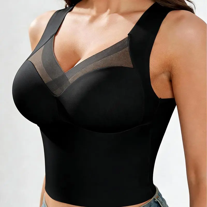 EssElegance Women's Luxury Seamless Longline Bra | Sophisticated Mesh Plunge V-Neck Wirefree Bralette | Premium Smoothing Shapewear Crop Top with Built-In Support | Elegant Wide Strap Push Up Everyday Camisole | Invisible High-End Basics