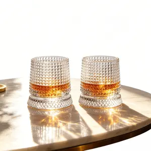 2pcs Luxury 360° Spinning Grid-Cut Crystal Glass, Stress Relief Whiskey & Wine Glass, Elegant European Barware Gift, Grid Pattern Design