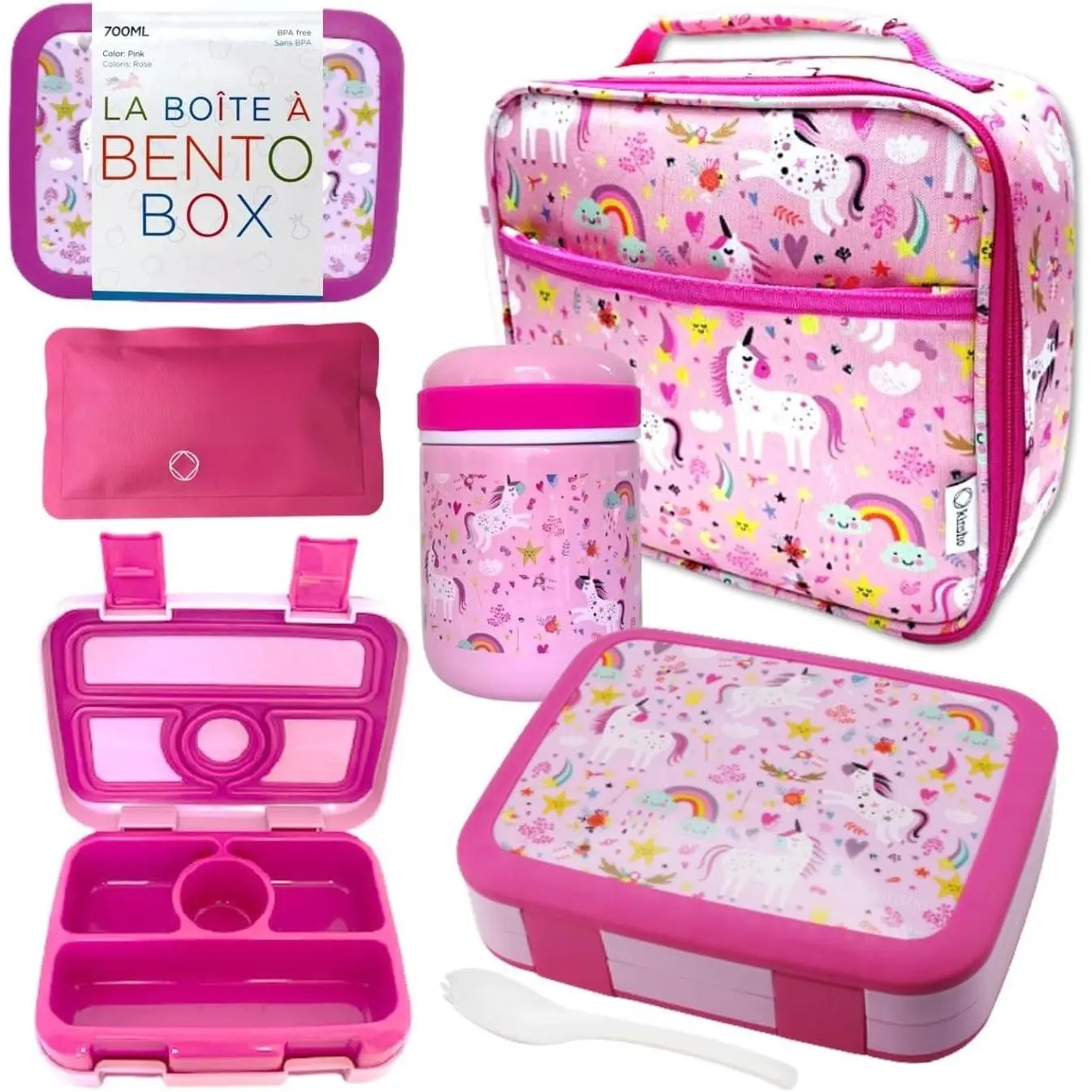 Bento Lunch Box Set with Thermo, Bag & Ice Pack,  Unicorn | 4 Compartments, Removable Tray, Small Meal or Snack Container for Girls ,  & , Steel Hot  Jar
