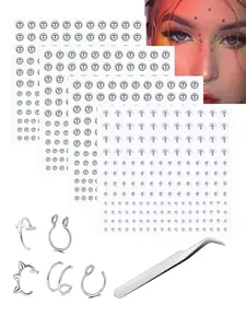 Face Body Piercing Stickers Kit, Reusable Fake Dermal Gem Stick On Nose Lip Forehead Eye Jewels, Punk Gothic Temporary Facial Piercing Decals with Stainless Steel Fake Nose Rings & Tweezers for Festival Makeup