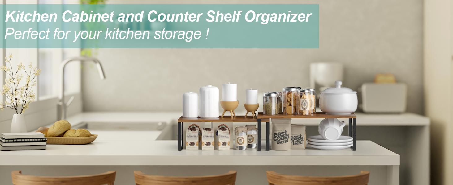 2-Pack Stackable Cabinet Shelf Organizer | Expandable Kitchen Pantry Spice Rack for Counter,Cupboard Storage | Black/Brown