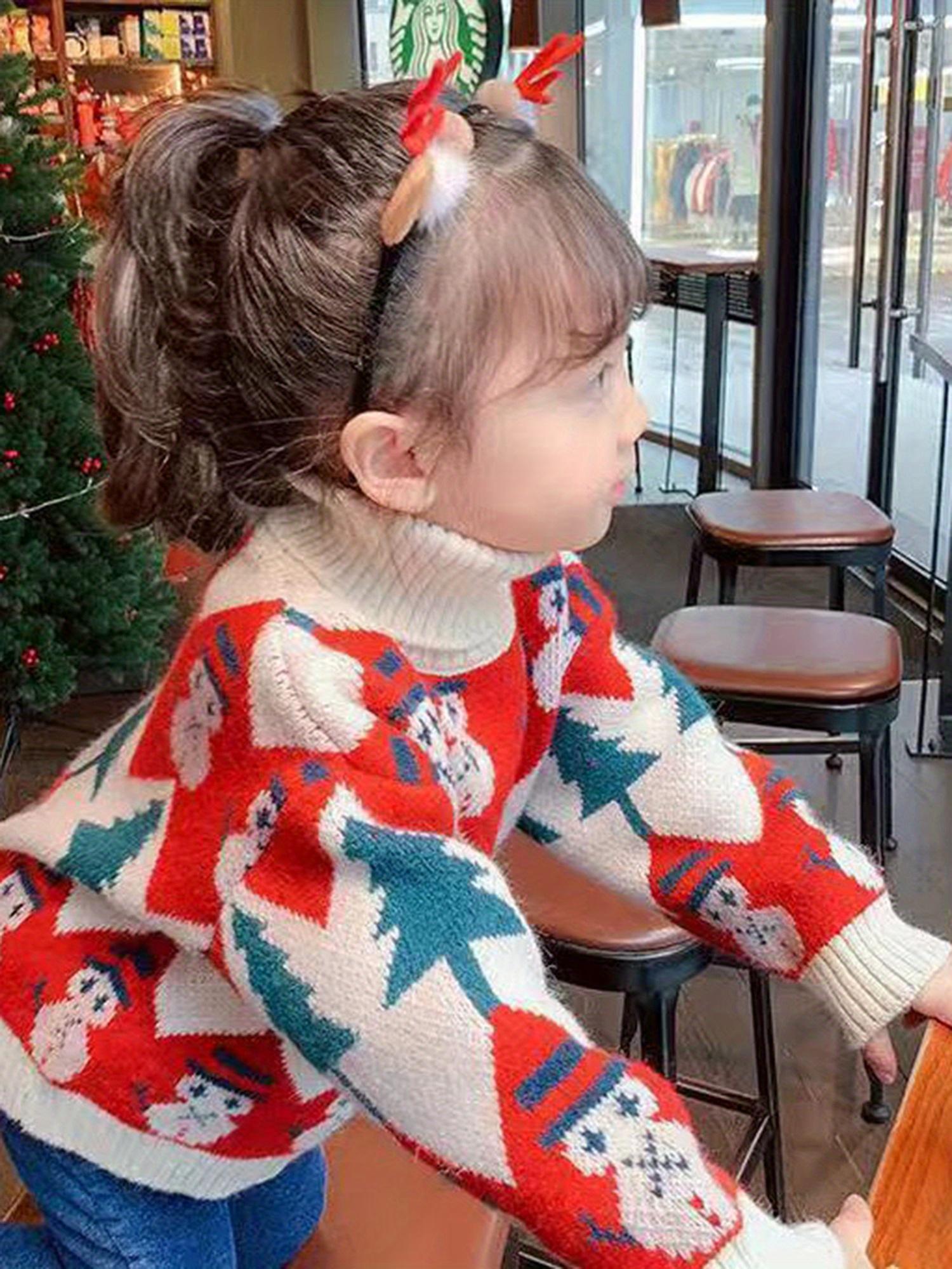 Girls' Red White & Blue Christmas Sweater - Cozy Turtleneck Pullover with Snowman & Tree Pattern, Batwing Sleeves, Loose Fit Winter Outfits for Holiday Parties & Casual Attire (Hand Washable)