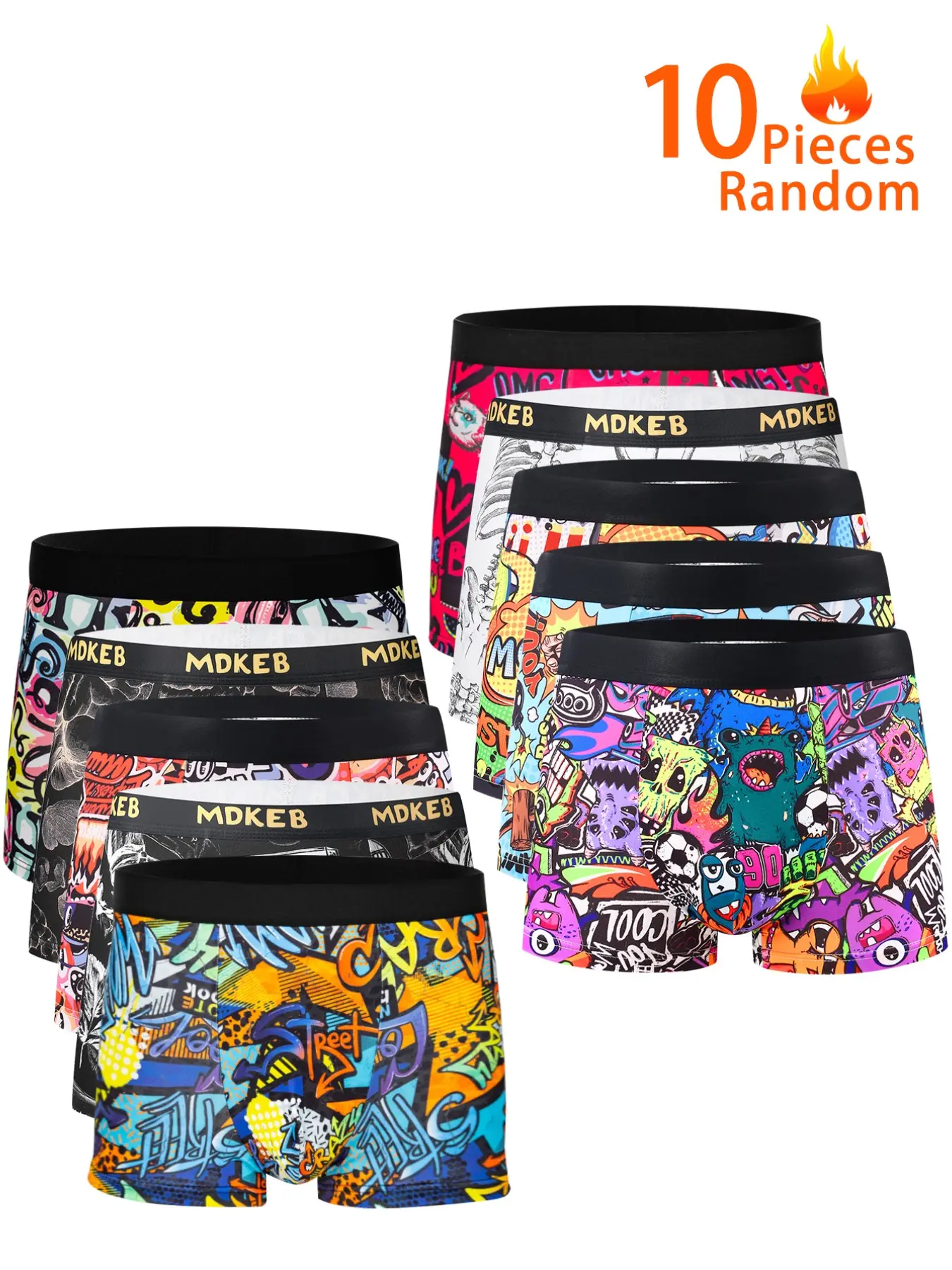 10-Pack Men's Cool Graffiti Print Boxer Briefs, Streetwear Cartoon Monster Pattern, Youth Loose Fit, Comfortable Four-Way Shorts, Random Colors