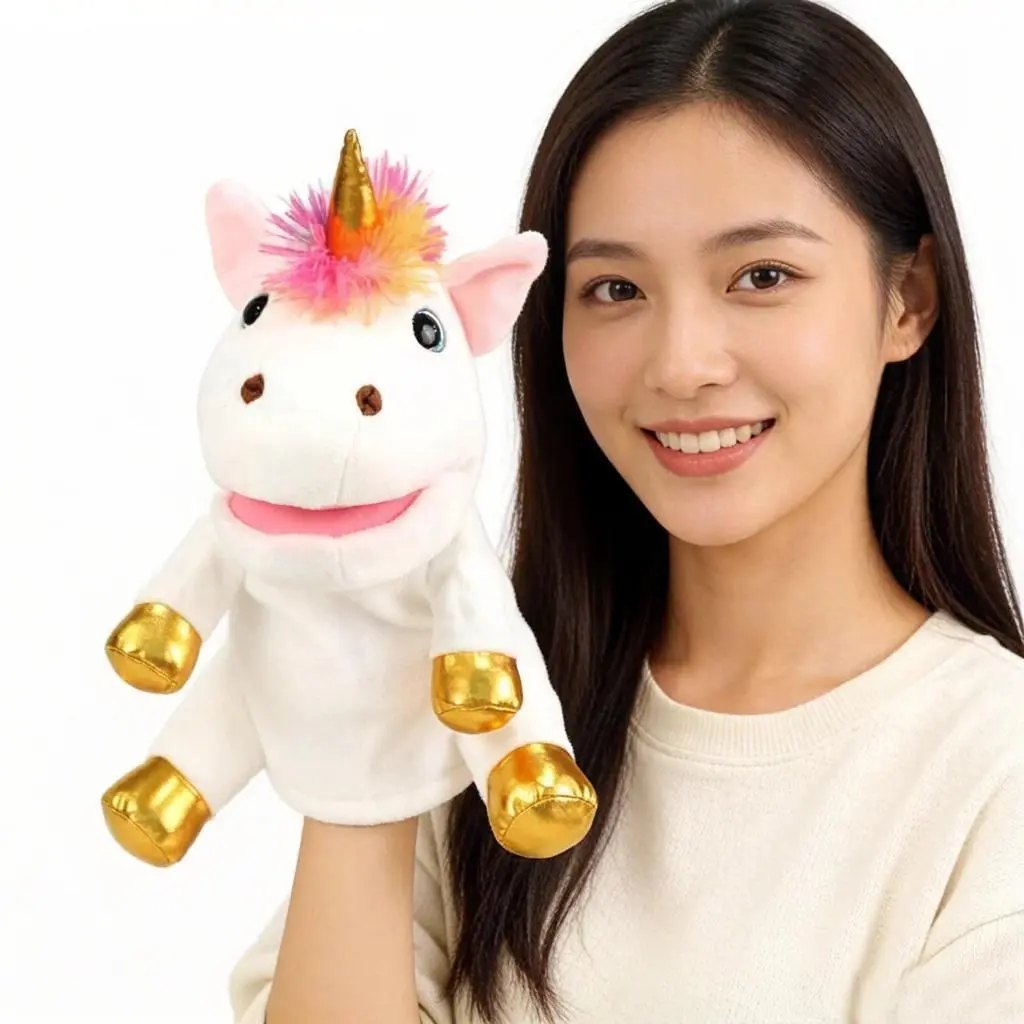 30cm Fluffy Unicorn Plush Hand Puppet - Kawaii White-Pink Stuffed Animal, Interactive Stress Relief Collector's Unisex Toy for Storytelling Gifts (Classic & Novelty Toy)