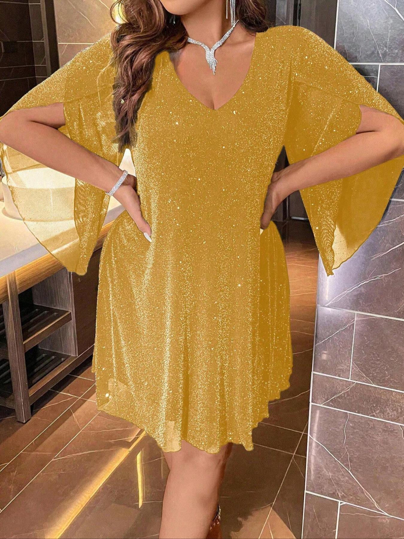 Women's Summer Sequin Cape Sleeve Mesh Dress, Soft Comfortable Fabric, Perfect for Evening Party Holiday Important Occasions, Elegance