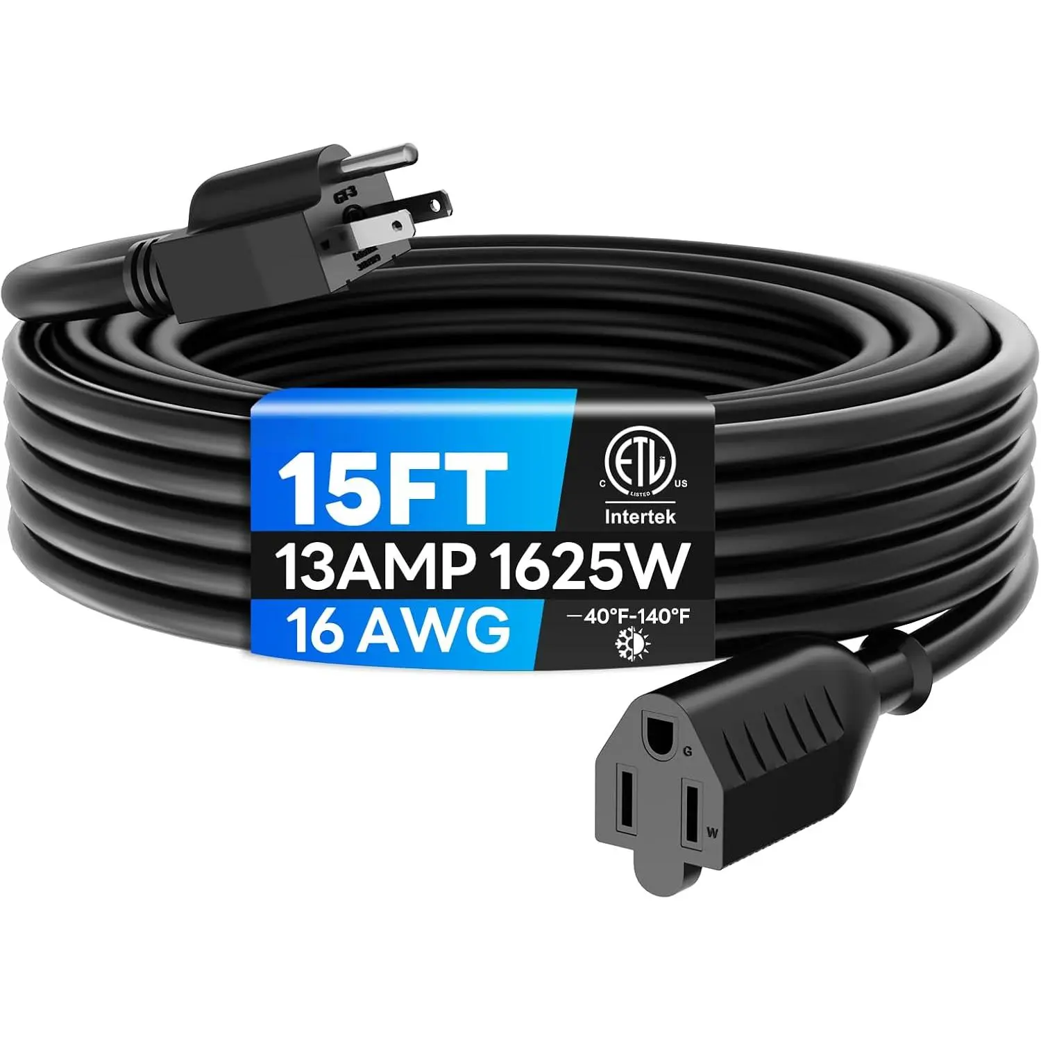 15-ft Heavy-Duty Indoor/Outdoor Extension Cord, 16/3 Gauge SJTW, 3-Prong Plug, 13A 1625W, Waterproof Weather-Resistant, ETL Certified, Ideal for Holiday Lighting, Lawn Care, Power Tools