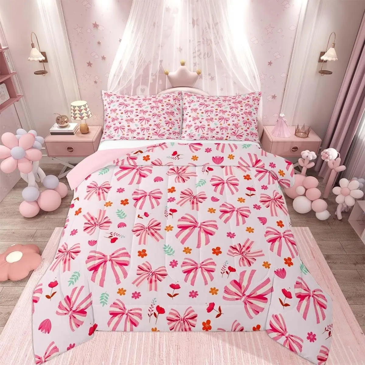 3pcs Floral Bow Bedding Set, Soft Boy Girl Quilt Set, Princess Butterfly Quilt, Ultrafine Fiber Bedroom Decor, Includes 2 Pillowcases + 1 Quilt
