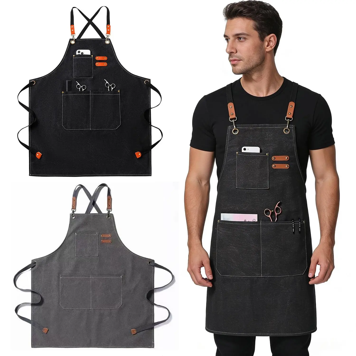 Waterproof Canvas Apron with Cross-Back Design, Heavy-Duty Gardening Apron with Multiple Pockets, Oil-Proof Kitchen Apron