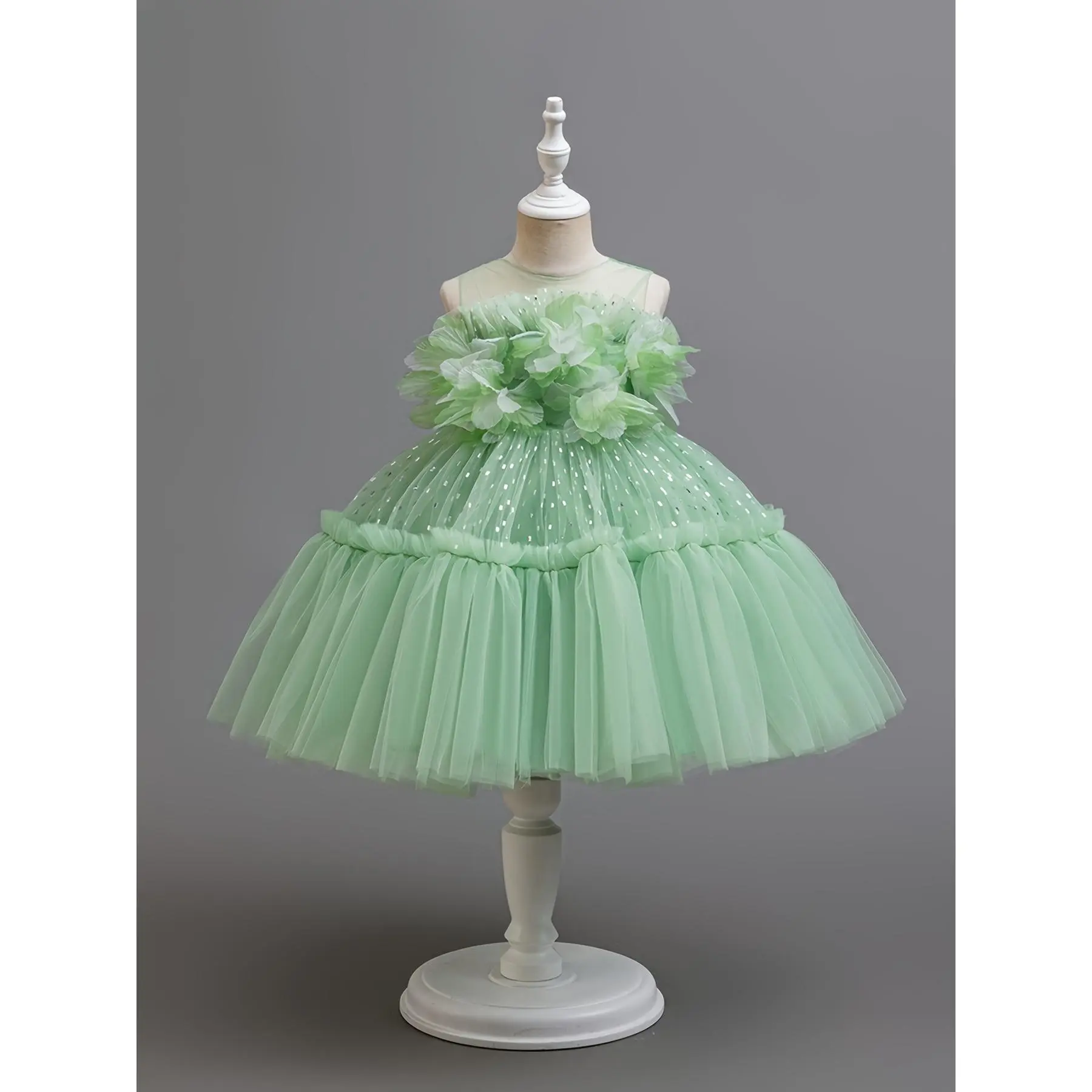 Elegant Floral Decorated Flower Girl Dress, Princess Puff Tulle Gown, Short Evening Dress for Girls, Bridesmaid, Wedding, First Communion, Birthday Party, Pageant