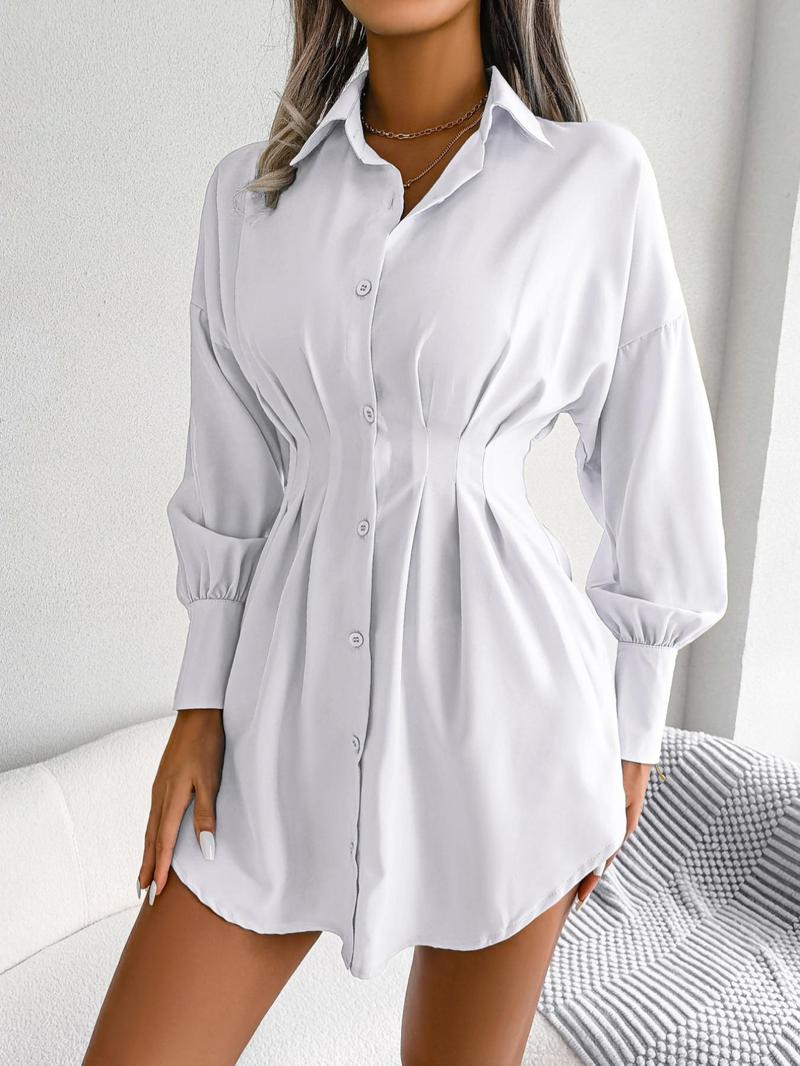 Women's Solid Curved Hem Ruched Button Front Shirt Dress, Casual Comfy Chic Drop Shoulder Long Sleeve Short Dress for Spring & Fall, Women's Clothes, Lady Casual Wear