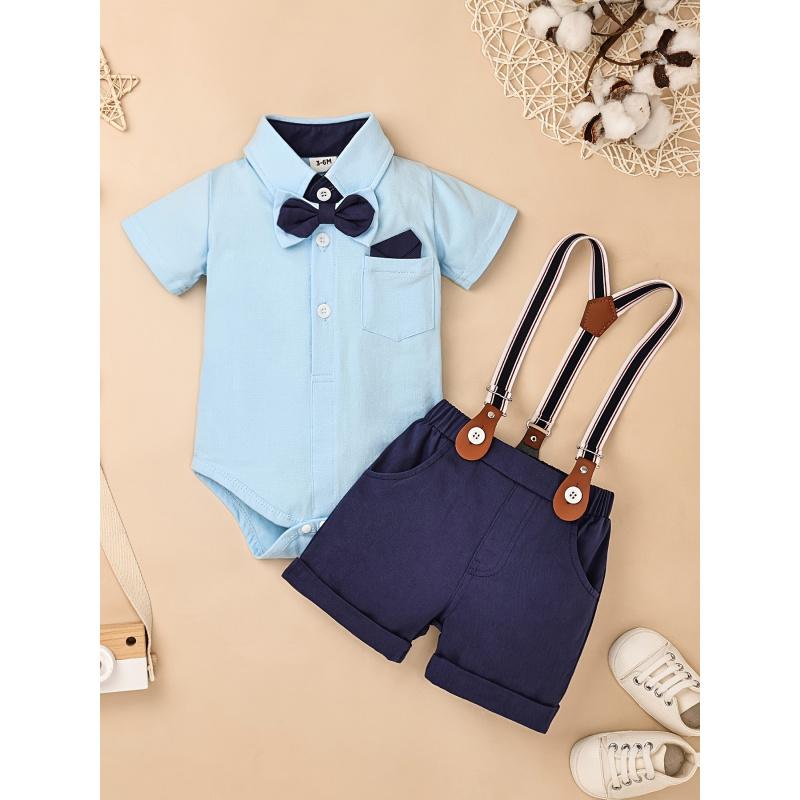Baby Boy Gentleman Outfit Valentine's Day Baby Romper Shirt with Bow Tie and Suspender Shorts Baby Suit Set