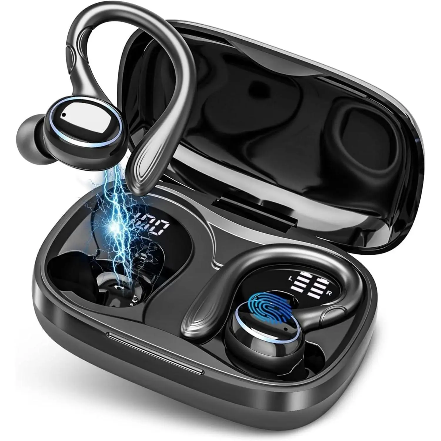 Wireless Earbuds Bluetooth 5.3 Headphones Stereo Ear Buds, ENC Noise Cancelling Mic,IPX7 Waterproof Earphones with Hook for Android iOS Smart Phone Laptop Computer Sports - BlackGift