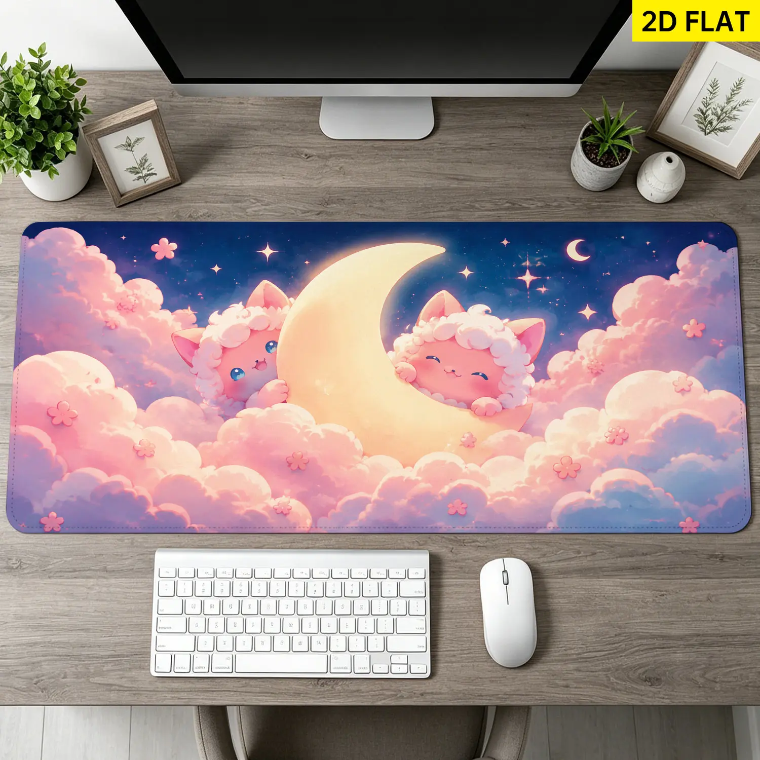 Extra Large cute fluffy cat with crescent moon Mouse Pad,Non Slip Rubber Pad,Desktop Decoration Drotection Pad,Washable,Lock Edge Multi Size,Premium Multipurpose Mousepad For Home,Office,Gift for Family and Friends