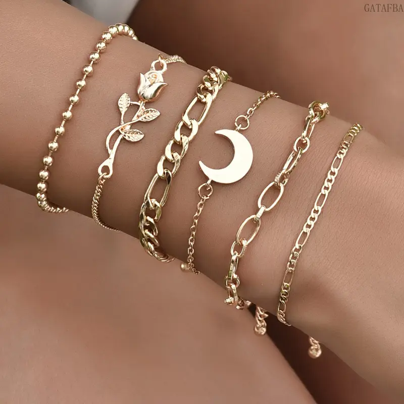Vintage Metal Multi-Layer Stackable Bracelet with Rose & Crescent Charms, Trendy Fashion Wrist Jewelry