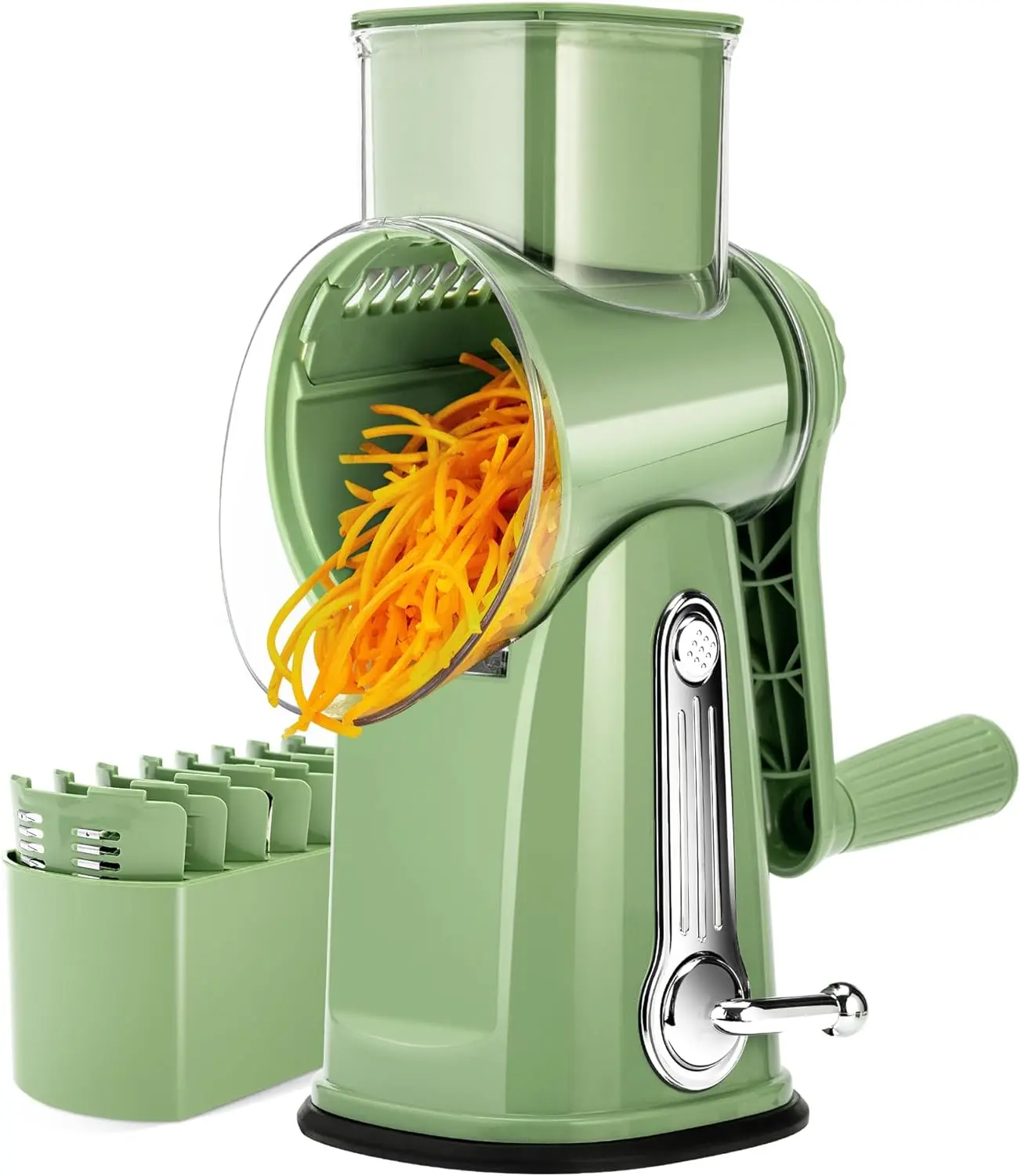 Rotary Cheese Grater with Handle - Vegetable Shredder with 5 Well-designed Blades & Strong Suction Base,Round Mandoline Slicer & Food Chopper for Kitchen,with Blade Storage Box(Retro Green)