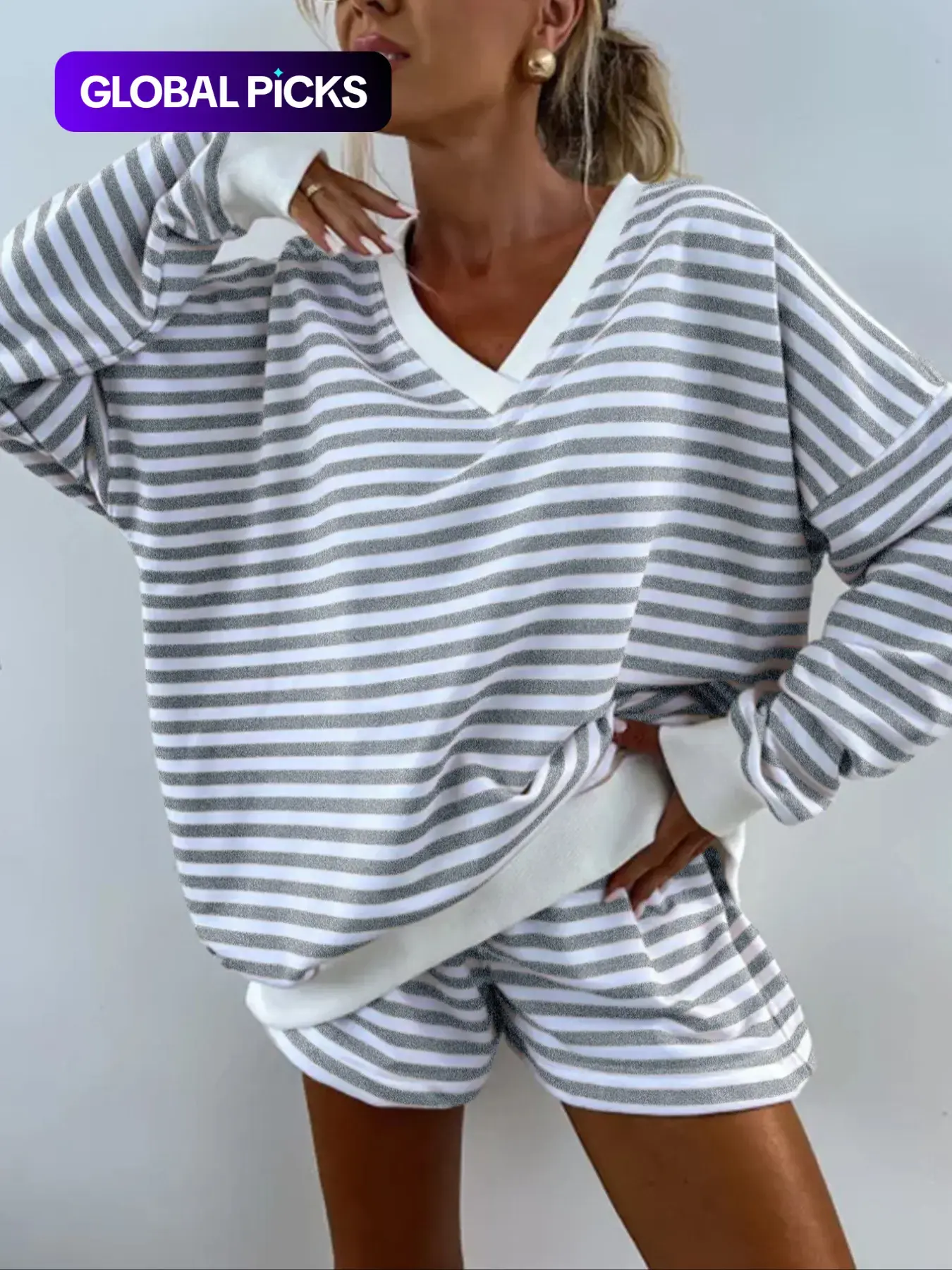 Women's Casual Fashion Striped Print Drop Shoulder Baggy Long Sleeve Tee & Elastic Waist Shorts Two-piece Set, Loose Fit Set, Cozy Breathable Soft Fabric Two Piece Outfits for Daily & Outdoor Wear, Women's Clothes for Spring