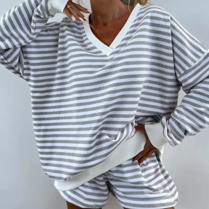 Women's Casual Fashion Striped Print Drop Shoulder Baggy Long Sleeve Tee & Elastic Waist Shorts Two-piece Set Clothing Sets, Cozy Breathable Soft Fabric Two Piece Outfits for Daily & Outdoor Wear, Women's Clothes for Spring #GLOBAL PICKS