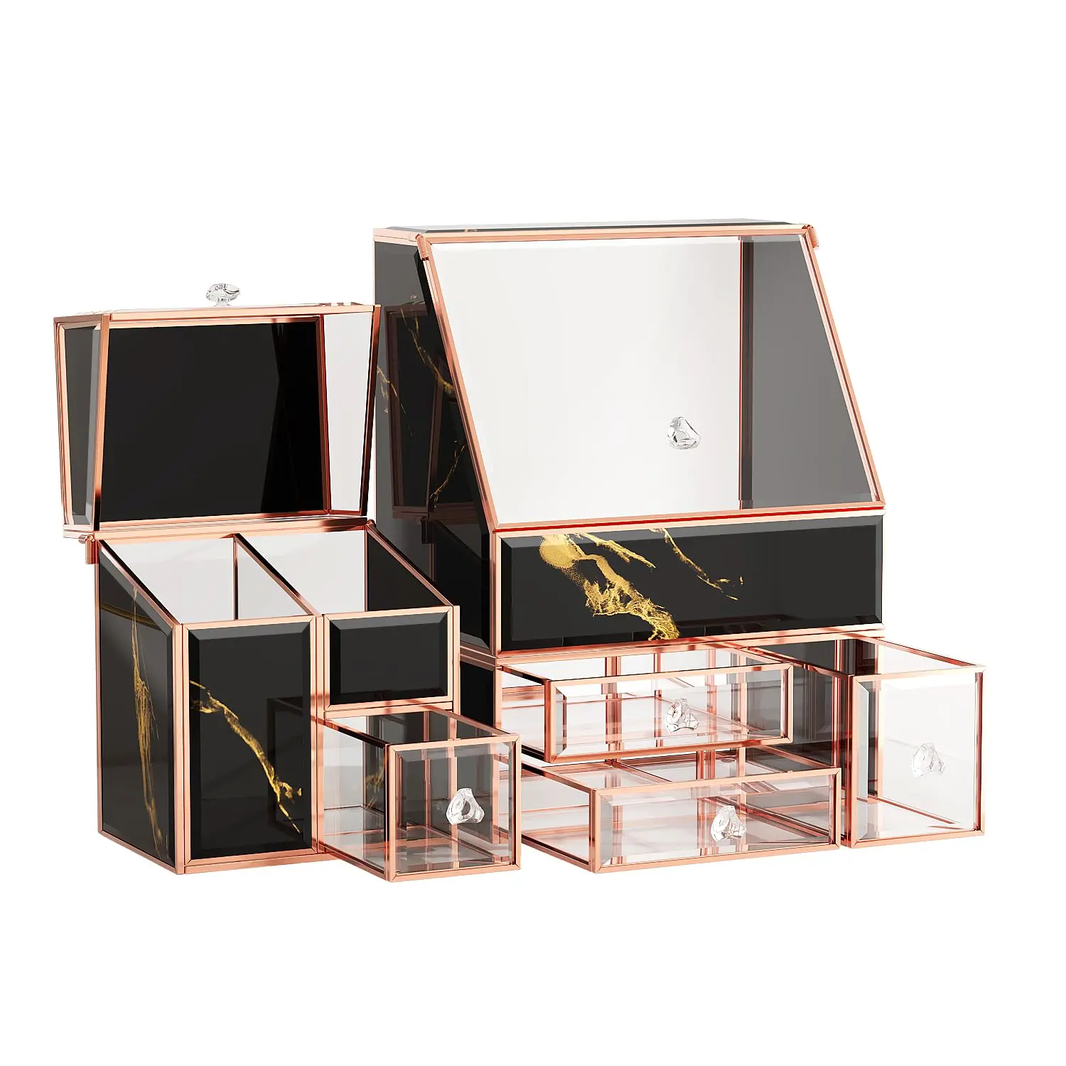 Black Glass Makeup Organizer with Lid, 3-  Organizer with  Frame,  Display Case for Skincare, Perfume, Lipsticks, Brushes, Bathroom Countertop & Dresser