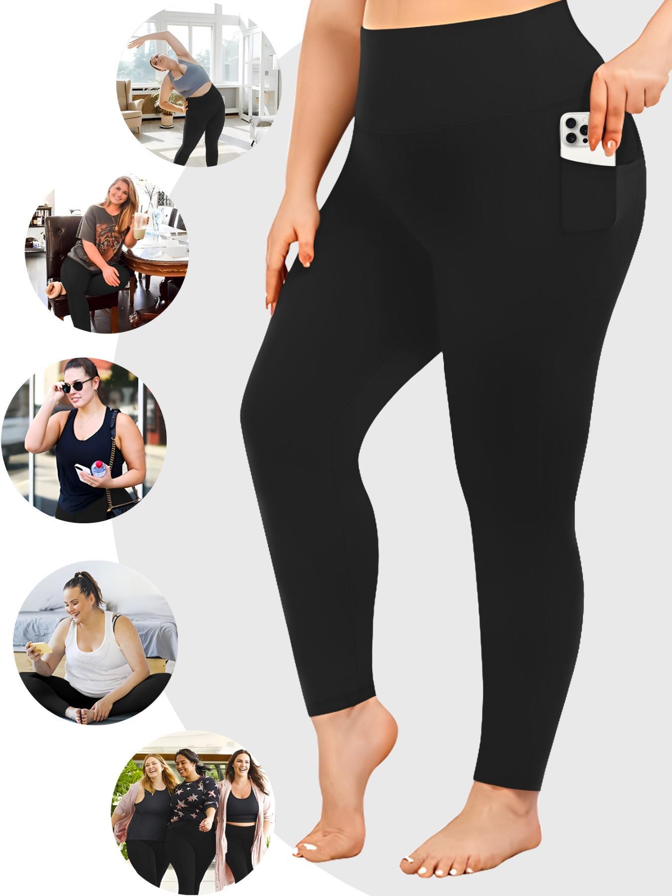 Plus Size Solid Pocket High Waist Leggings, Casual Comfy High Stretch Skinny Pants for Women, Women's Bottoms for All Seasons
