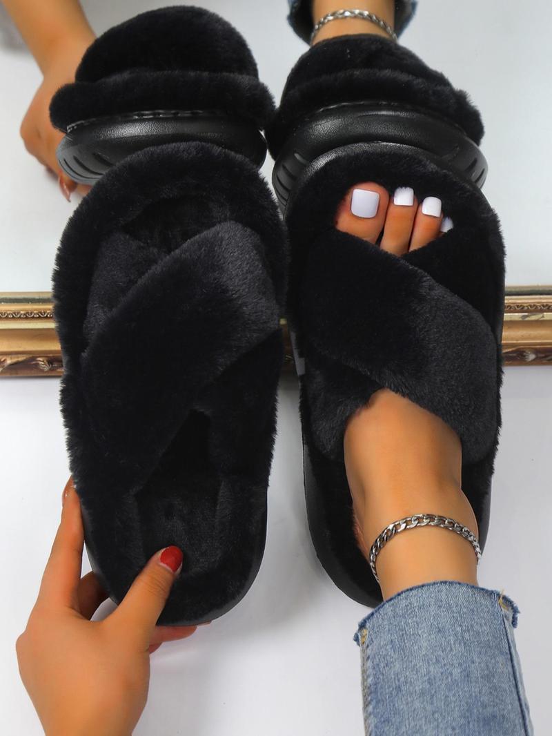 Solid Color Criss Cross Design Fluffy Slippers, Cross Strap Slippers, Casual Comfortable Silent Anti-slip House Slippers for Fall & Winter Indoor and Outdoor Wear, Fall Outfits, Fall Freshness, Footwear
