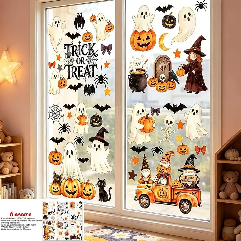 Halloween Window Clings, Halloween Decorations, Indoor Fall Decor Stickers | 6 Sheets of Large Ghost and Pumpkin Window Clings