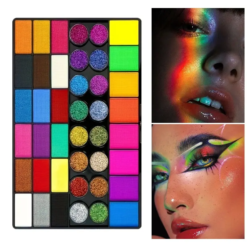 42-color Face and Body Painting Palette with 2 Brushes, Pluorescent Pearl Glitter, Watercolor Multi-color Stage Makeup, Halloween Makeup, Super Large Paint Tray, Rich Colors, Bright Hues, Even Coloring Without Smudging
