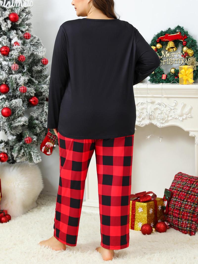 【Plus Size】 Two-Piece Set Letter & Christmas Print Pajama Set, Casual Comfy Round Neck Long Sleeve Top & Pants, Women's Sleepwear for Spring & Fall, Soft Lounge Sets