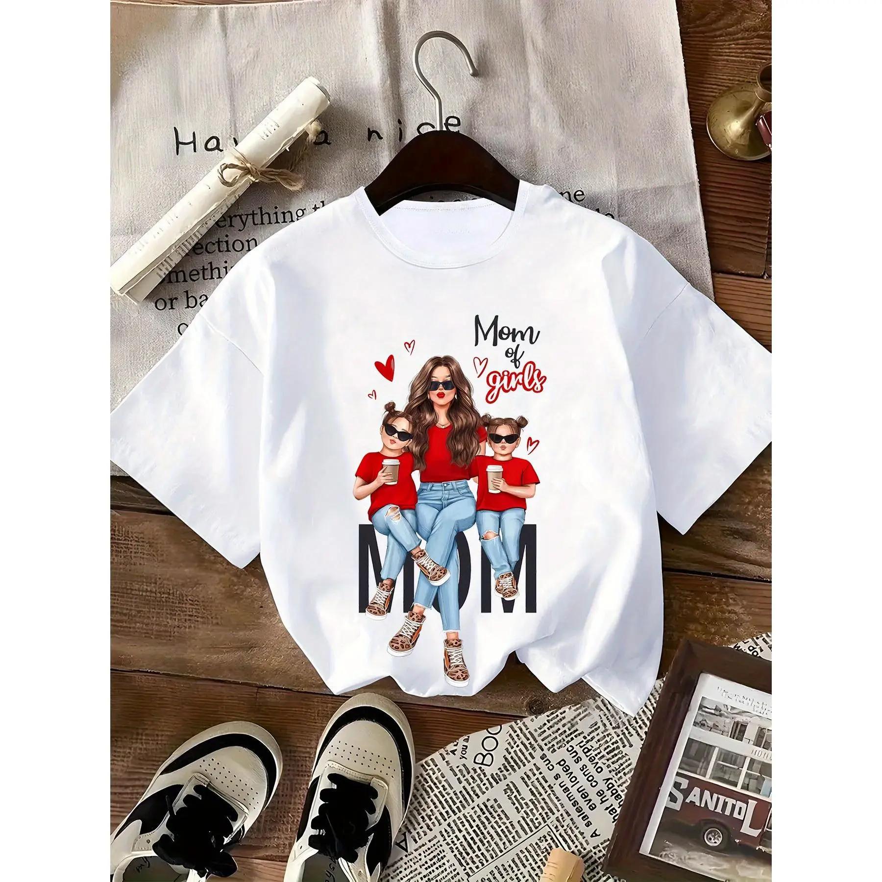 Short Sleeve  T-Shirt Mom of Girls Cartoon Printed T-Shirt, Y2K Style, Short Sleeve, Crew Neck, Mother'S Day Gift